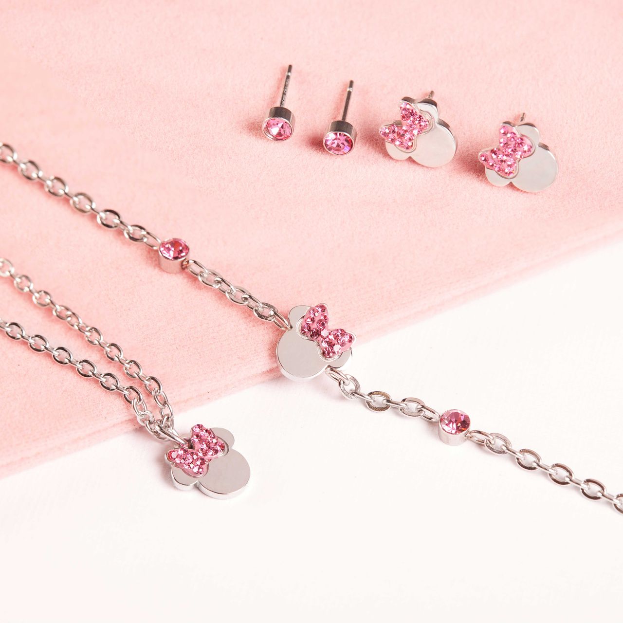 Stalen roseplated ketting Minni Mouse met roze kristal strik