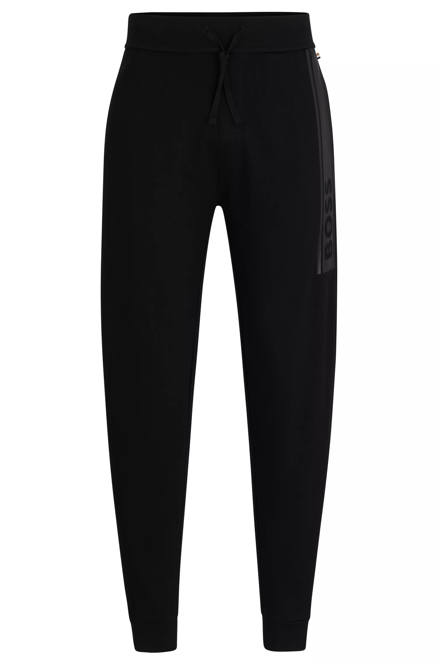 Calça de fato de treino BOSS preta com punhos, em tecido felpudo francês e estampa com o logótipo.