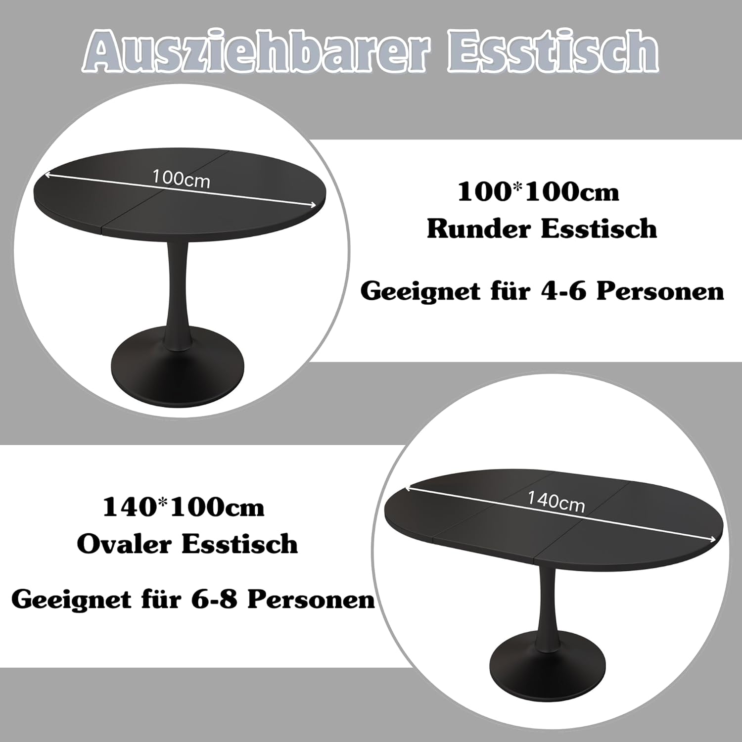 Runder Esstisch ausziehbar 100/140 x 40 x 75 cm, Esszimmertisch/küchentisch für 2-6 Personen, Stilvoller Couchtisch/Holztisch, Runder tisch/ausziehtisch für Küche, Wohnzimmer, Esszimmer (Schwarz) KQ0869076