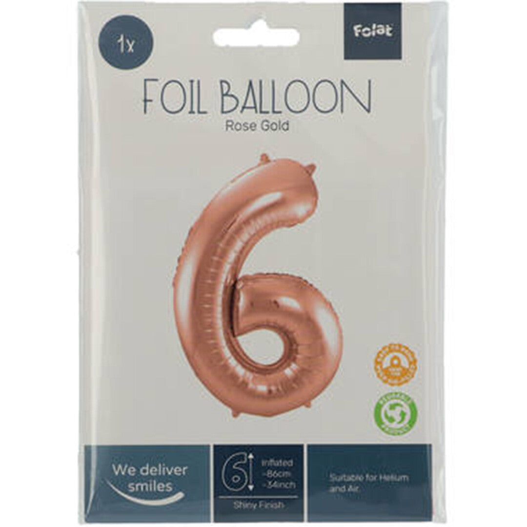 Cijferballon zes - rosé goudkleurig - 86 cm