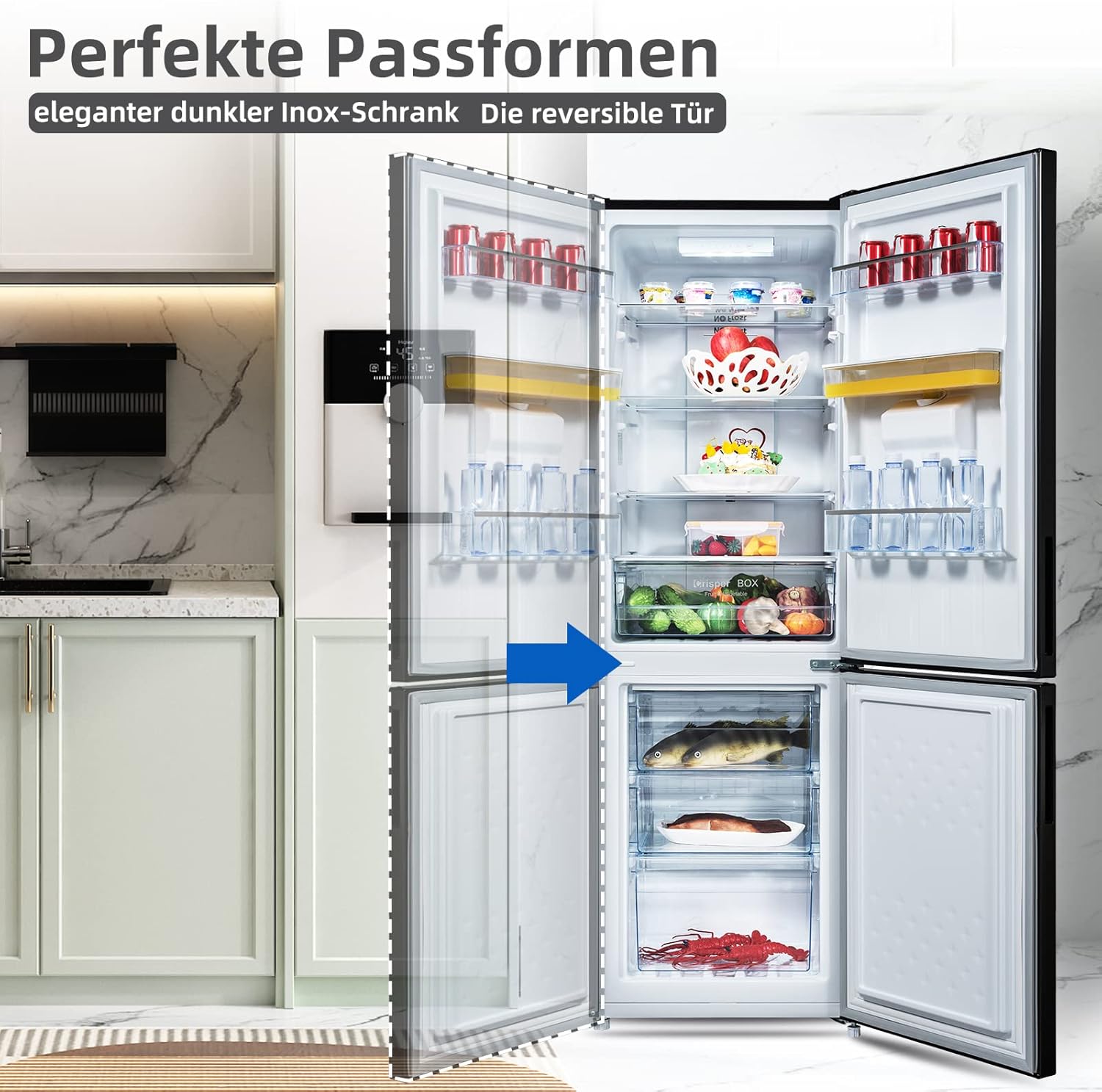 CHIQ Kühlschrank mit Wasserspender, Kühl-Gefrierkombination, No Frost, 231L(161/70L), 4-Sterne-Gefrierfach, Temperaturregelung, Frischhaltebox, LED-Licht, 170cm Höhe, FBM228NE4DE