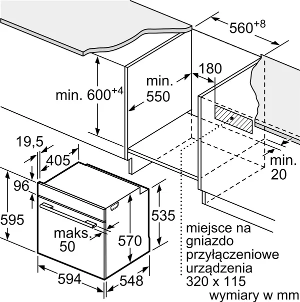 Bosch Serie | 4 HBA534EB0 - Ovn - til indbygning - niche - bredde: 56 cm - dybde: 55 cm - højde: 58.5 cm - med selv-rengøring - Klasse A - sort