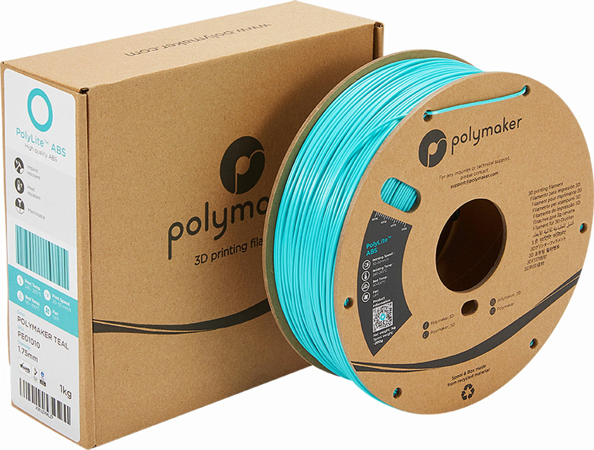 Polymaker  PolyLite ABS Türkis, 1,75 mm (1.000 g)    Außergewöhnliche Qualität mit PolyLite ABS in Türkis
