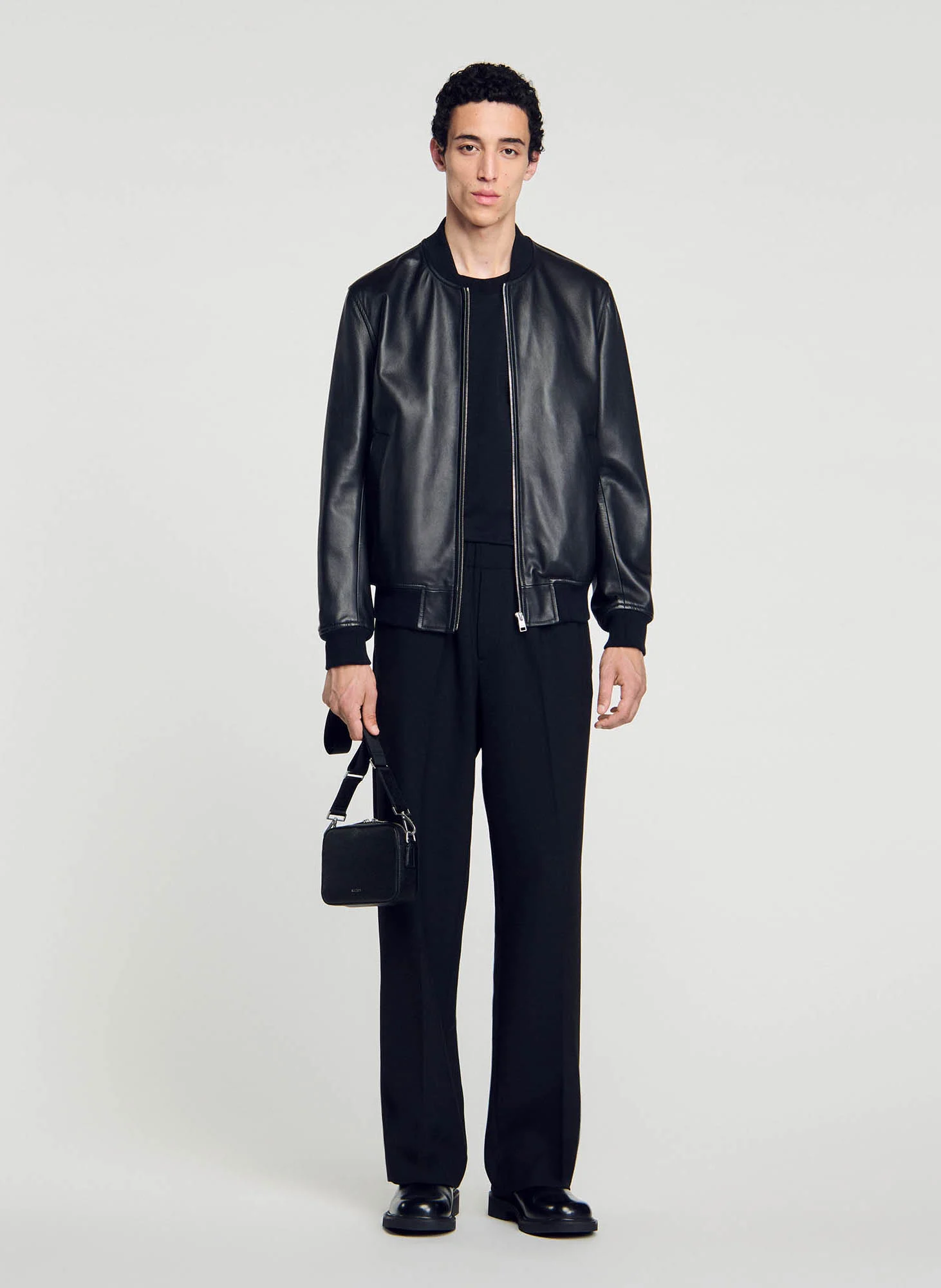 Blouson droit en cuir | Noir