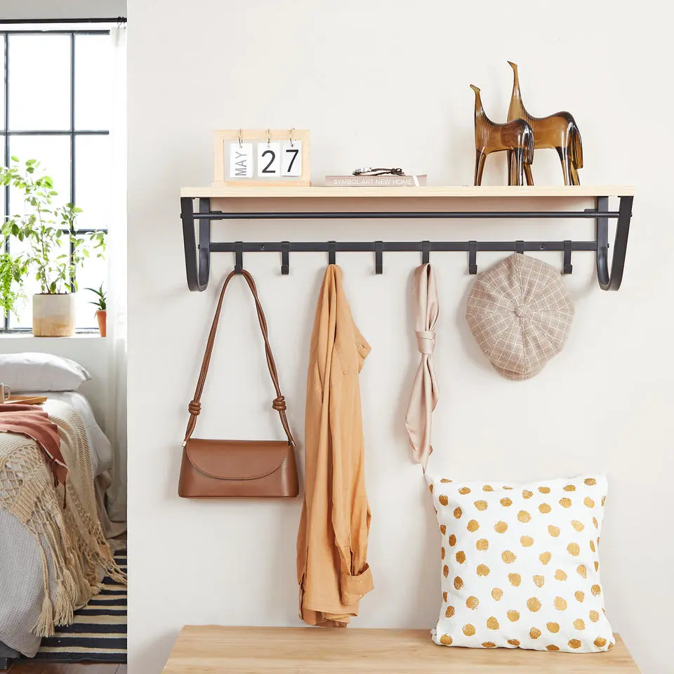 Hangende Kapstok voor Muur of Wand - 8 Haken en 1 Bar - 90 cm Lang - Lichte Eik