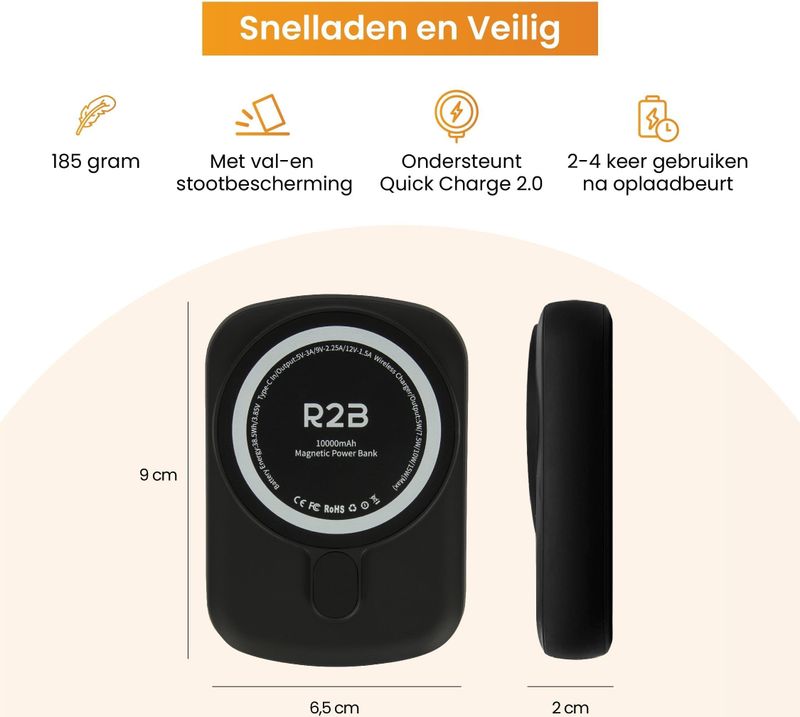 R2B - Powerbank - Zwart - 10000 mAh - Geschikt voor iPhone 12/13/14/15/16 en Magsafe
