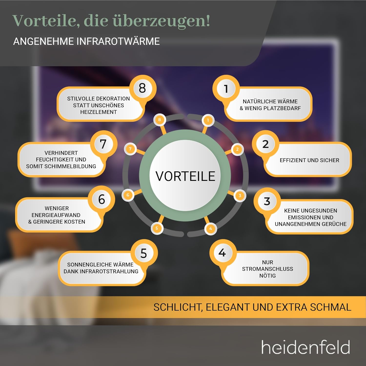 Heidenfeld Infrarotheizung HF-HP105 |    - 600 Watt - Bis 16 m² - Infrarot Heizkörper - Elektroheizung mit Thermostat - Überhitzungsschutz (600 Watt, Bergsee)