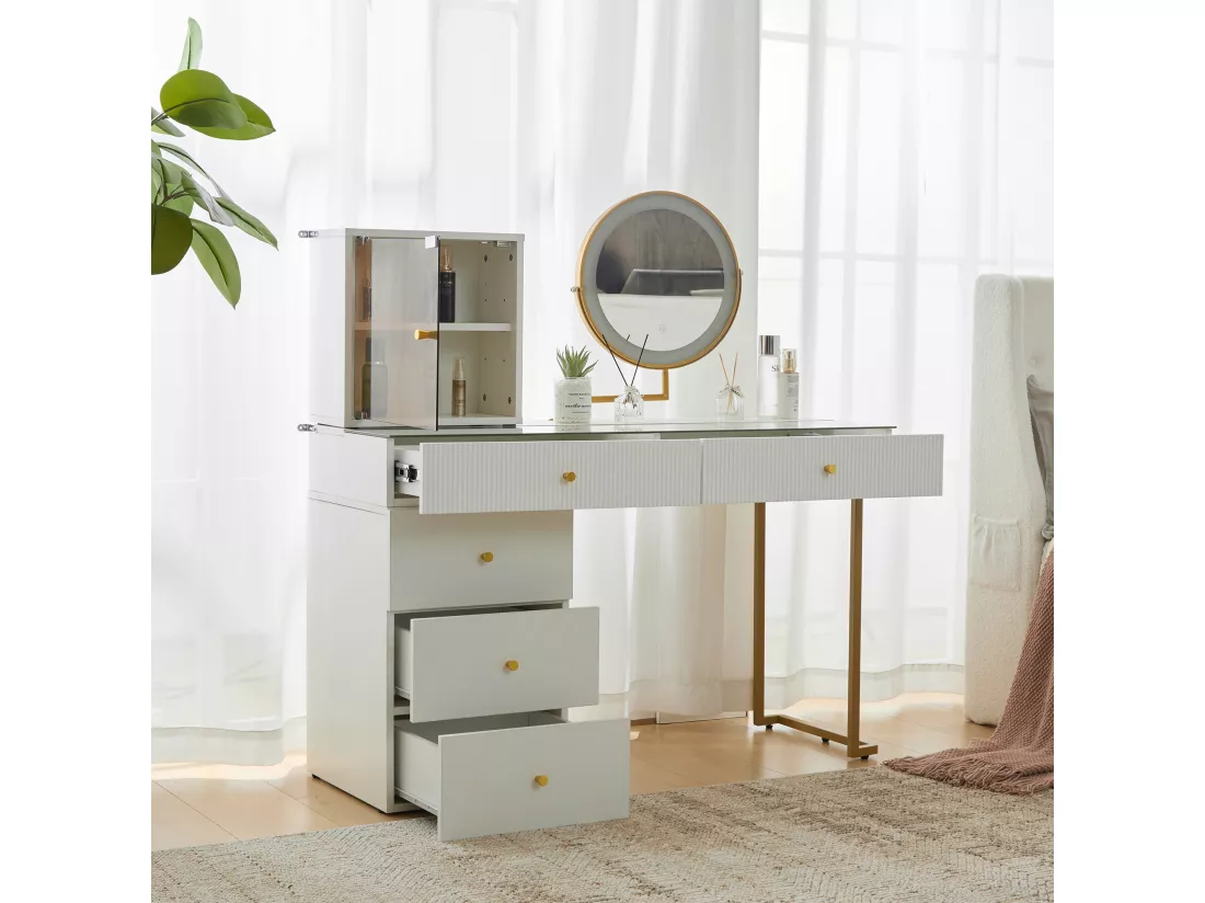 Coiffeuse avec miroir, 5 tiroirs et une porte en verre - 120 x 45 x 115 cm - Panneau de particules - LEDs - Blanc (sans tabouret)