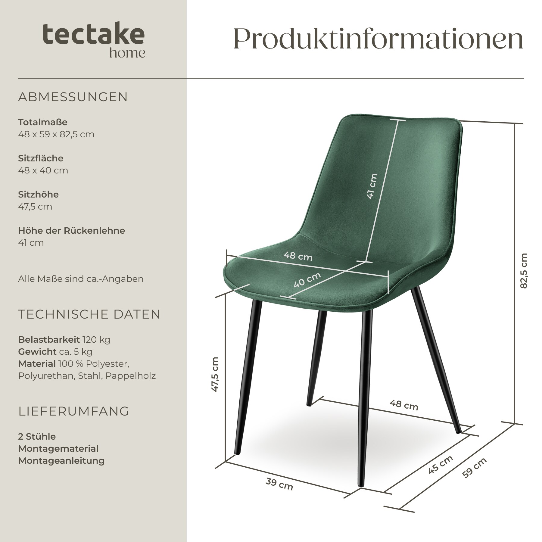 tectake® Set Stuhl, gepolstert, in Samtoptik, schwarze Stahlbeine, 48 x 59 x 82,5 cm