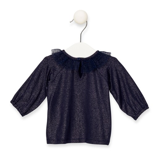 Blusa tamanho M/G com babados, cor azul marinho.