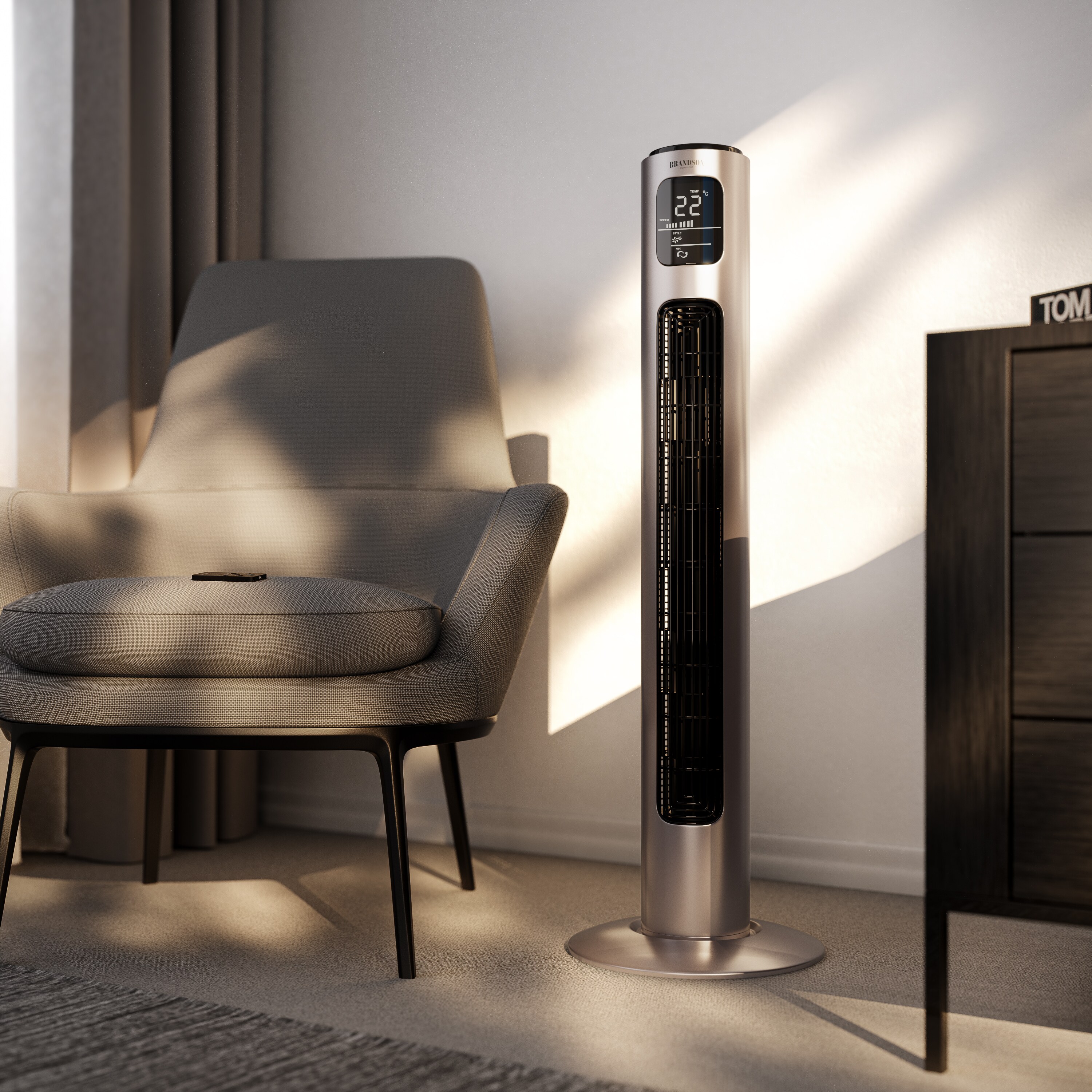 Brandson Turmventilator, Oszilation 60 Grad, Ventilator, mobiler Lüfter, 96 cm Säulenventilator, Standventilator mit 3 Leistungsstufen, GS, Rauchgrau