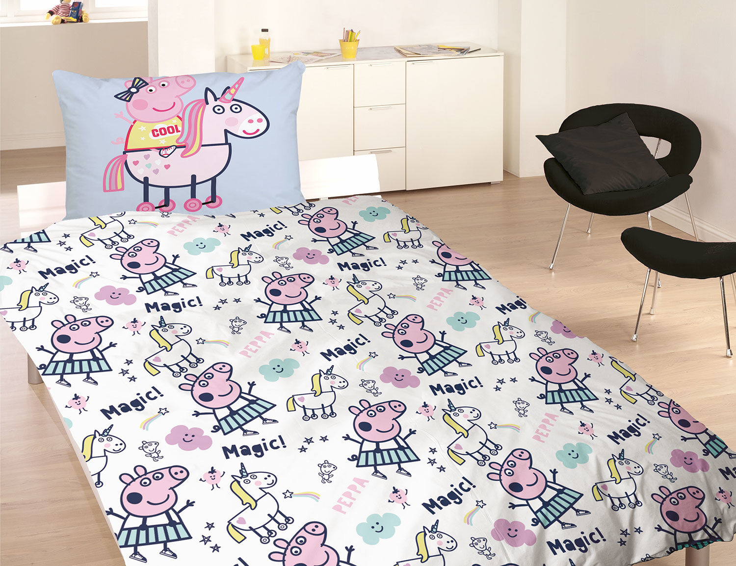 Bettwäsche mit Peppa Wutz auf einem magischen Einhorn