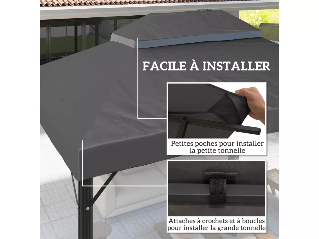 Toile de rechange barnum tonnelle 4 x 3 m - toit double avec œillets drainage - polyester haute densité 370 g/m² gris