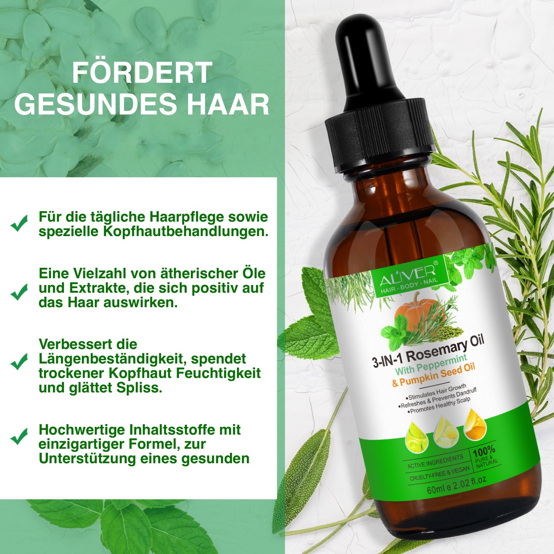 ALIVER 3-in-1 Rosmarinöl Pfefferminz Kürbiskern Haaröl für Haarwachstum