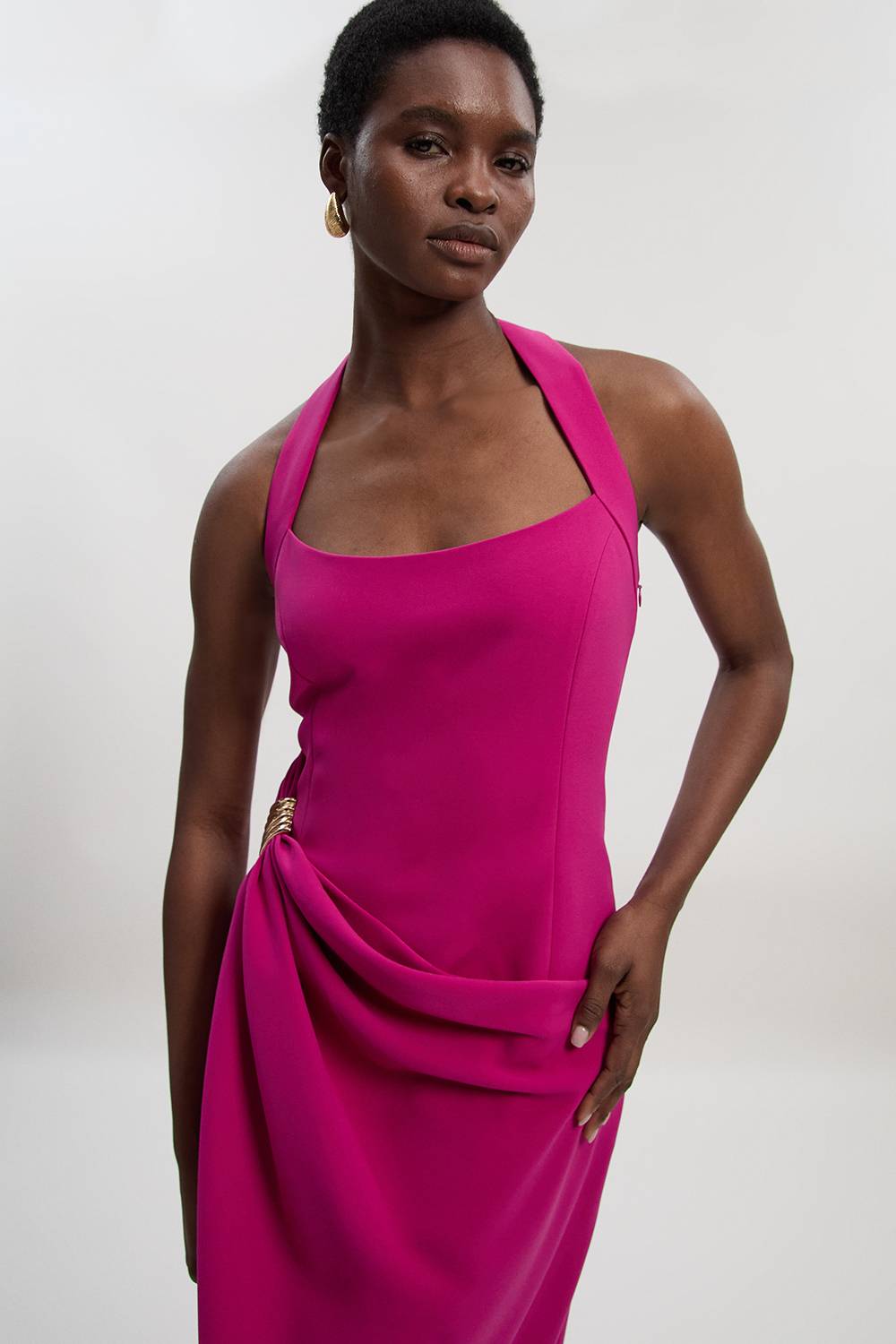 KarenMillen Robe Mi-Longue Cintrée à Col Halter Froncée - Taille Petite