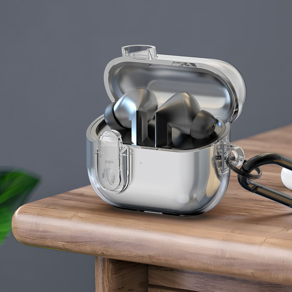 Samsung Galaxy Buds 3 / Buds 3 Pro Hybrid Hardcase Schutzhülle mit Verschluss   Karabinerhaken - Grau / Transparent