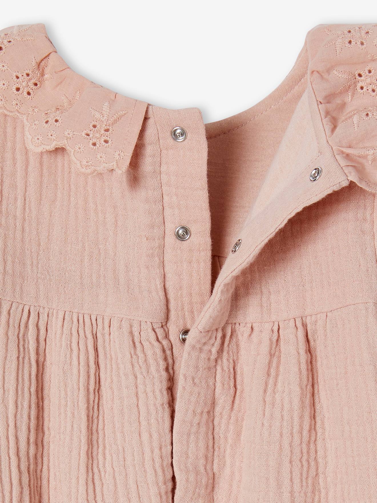 Macacão infantil rosa em chiffon de algodão, cor de maquiagem, com forro.