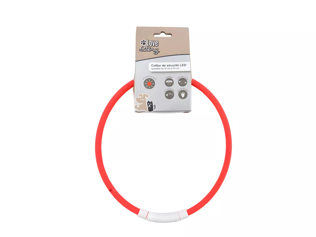 Collier de sécurité ajustable à Led rechargeable USB en PVC - Rouge - 35 à 70 cm