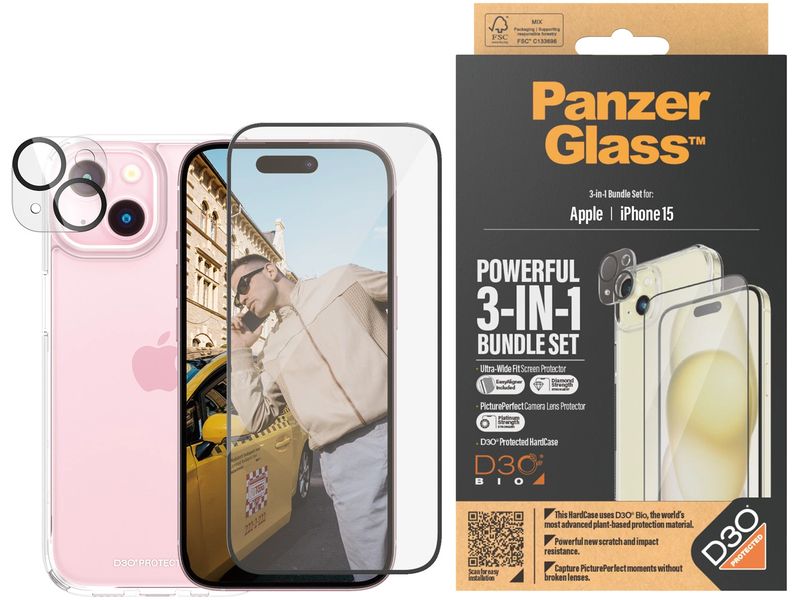 Panzerglass 3-in-1 Bundle iPhone 15 3-in-1 Set mit Bildschirmfolie, Schutzhülle und Kamera-Schutz für das Apple iPhone 15
