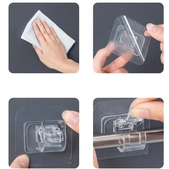 (2er Set) Selbstklebende Multifunktions Gardinen Stangen Halter für Badezimmer / Küche / Wohnzimmer - Transparent