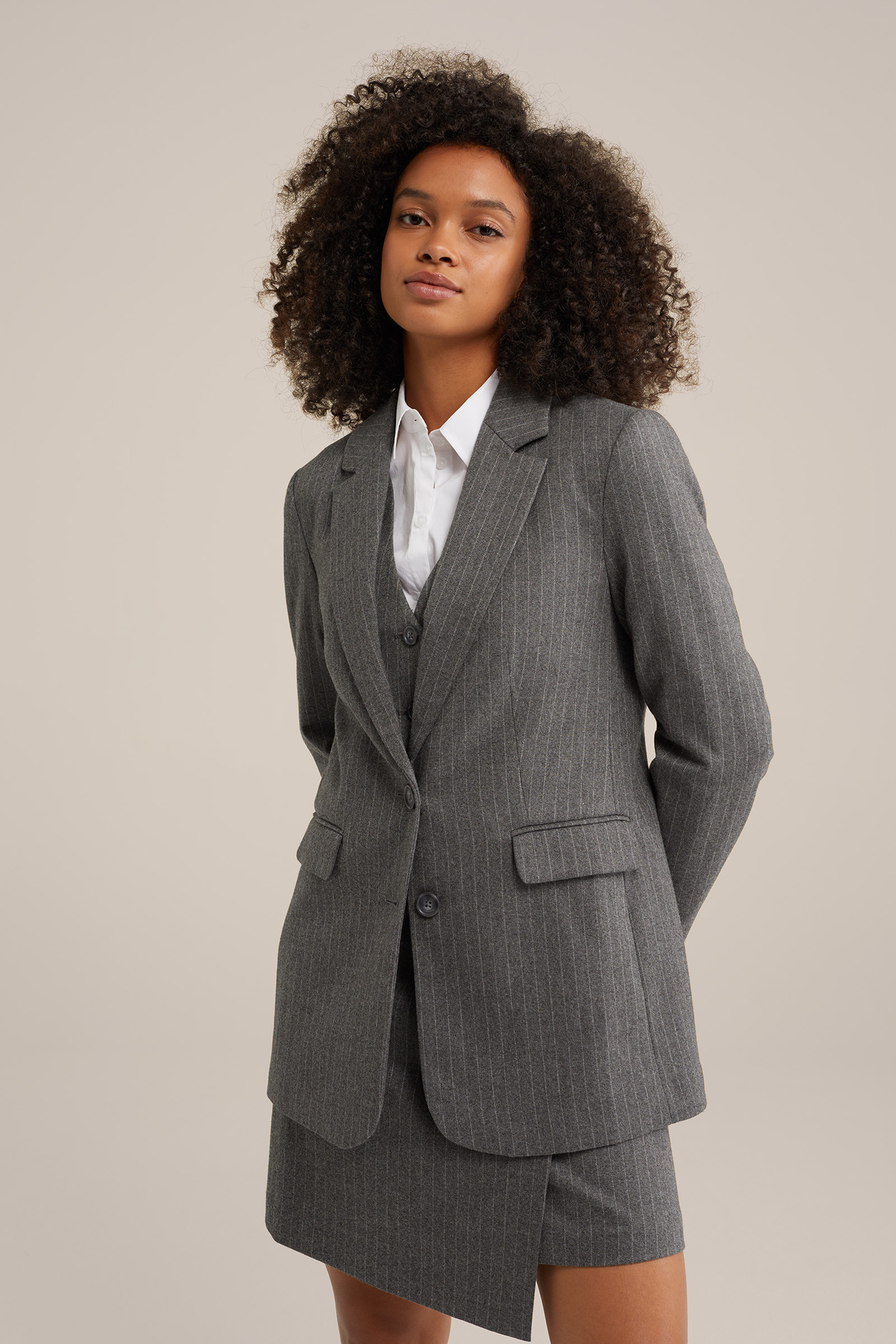 regular fit gestreepte blazer WE Fashion Lichtgrijs