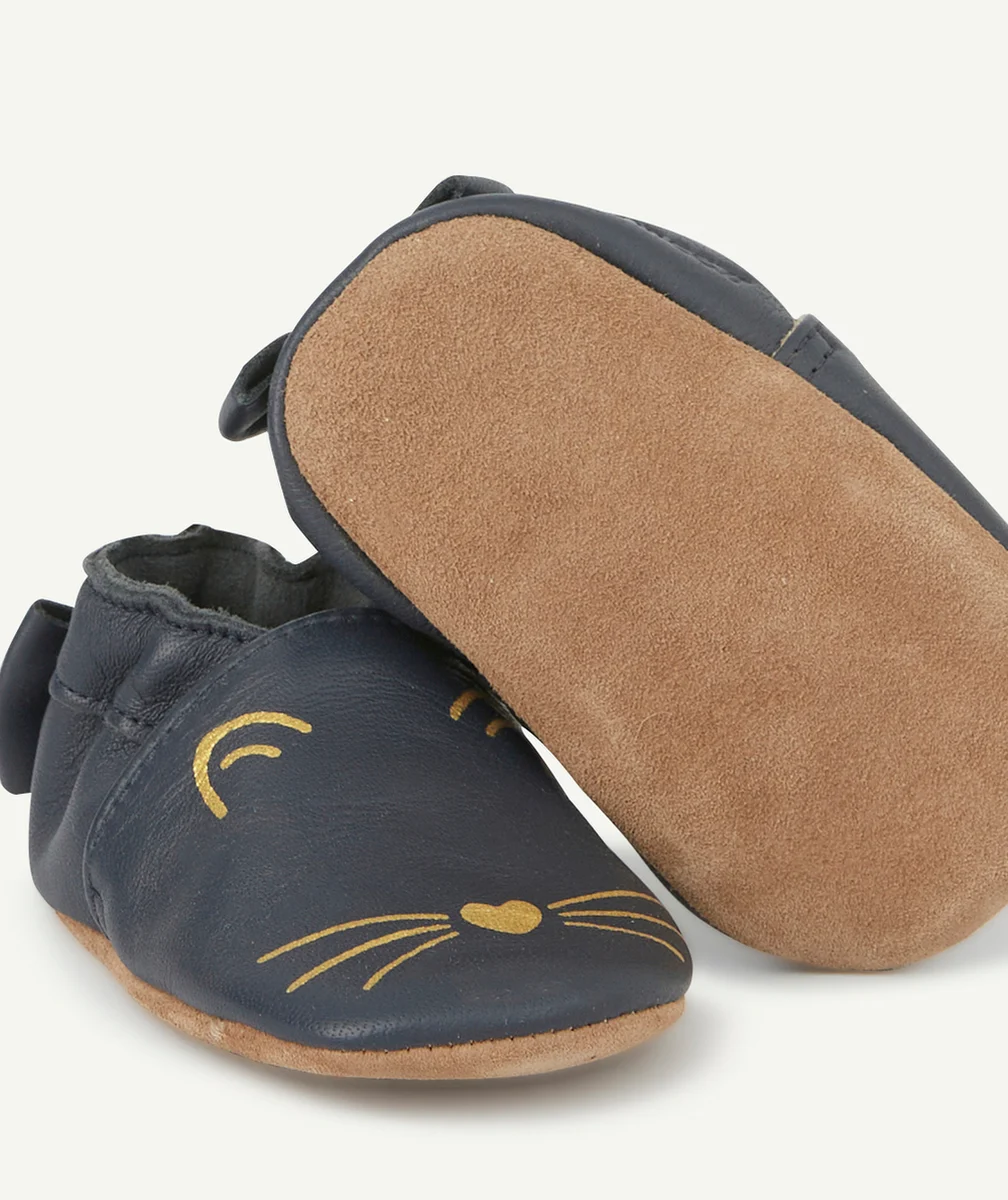 ROBEEZLES CHAUSSONS EN TANNAGE VÉGÉTAL BLEU MARINE AVEC CHATS