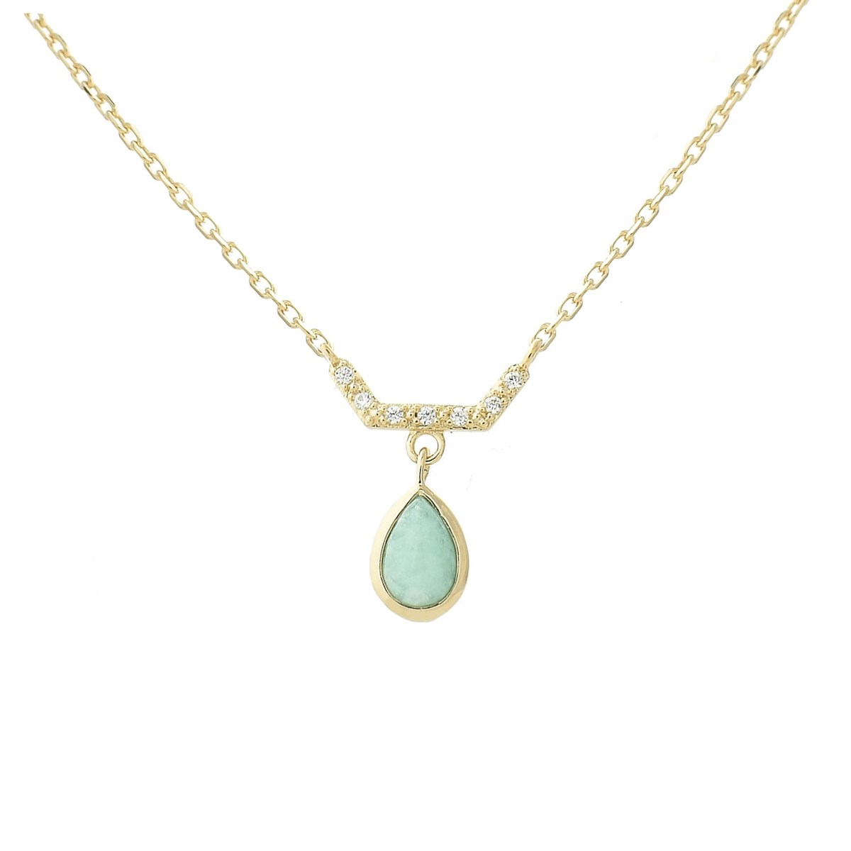 Collier goutte d'Amazonite pierre naturelle et oxydes de zirconium Plaqué OR 750 3 microns