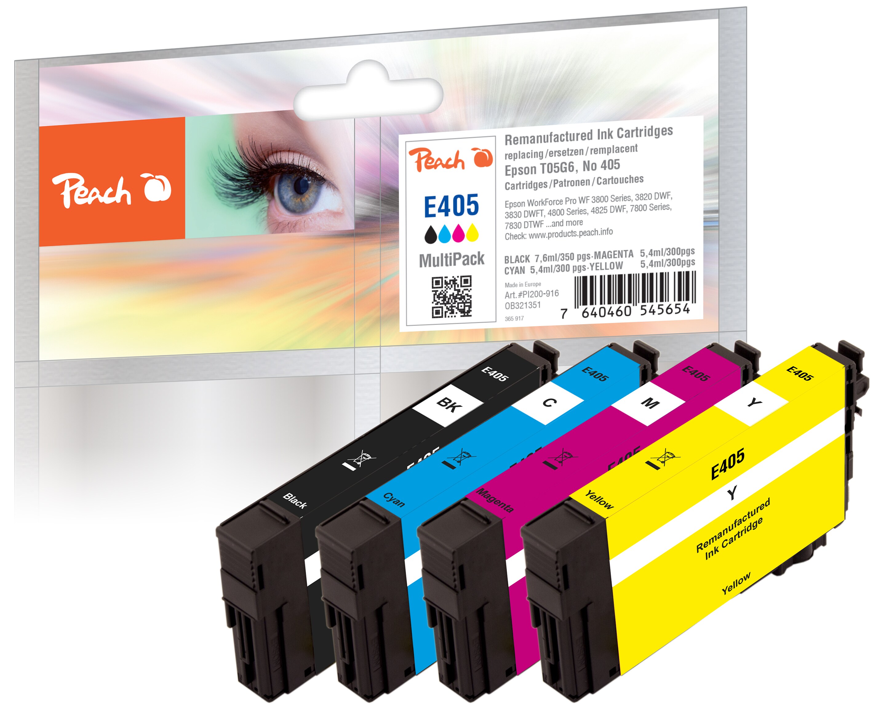 Peach E5G6 4 Druckerpatronen (bk/c, m, y) ersetzt Epson T05G6, No. 405, C13T05G64010 für z.B. Epson WorkForce ECC 7000, Epson WorkForce Pro WF -3800 (wiederaufbereitet)