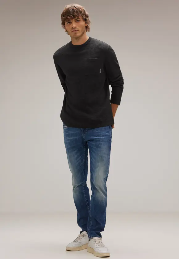 Waffelstruktur Langarmshirt - Black