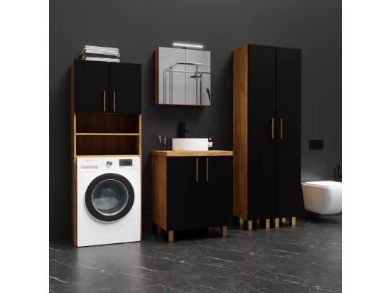 Armoire de salle de bain pour lave-linge et sèche-linge, colonne de rangement pour électroménager en chêne noir.