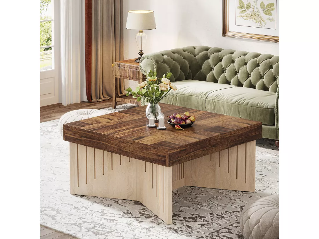 Tribesigns Table basse carrée en bois de 90 cm, table basse centrale de ferme avec lignes gravées, table basse pour salon