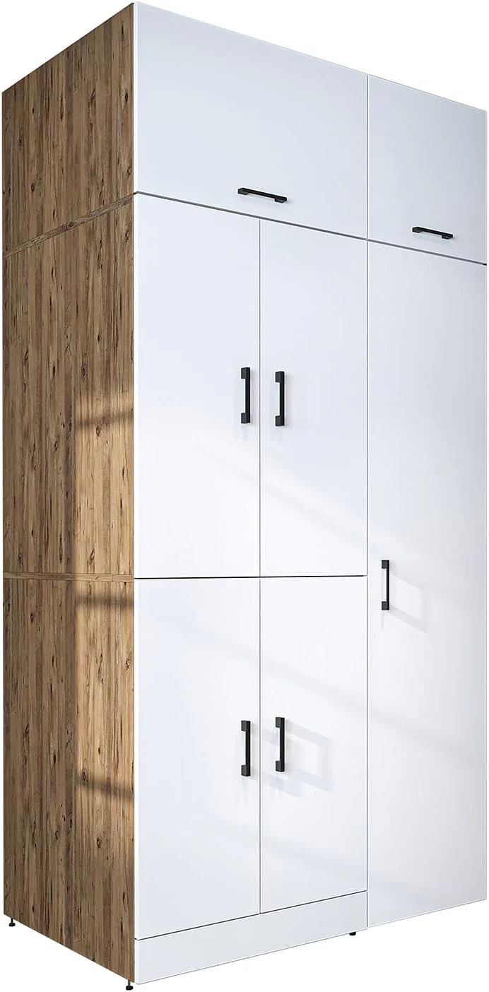ROOMART Dora - Armoire de machine à laver - Pour sèche-linge et machine à laver - En 4 couleurs - Avec portes et panneau coulissant - Blanc - Chêne blanc - Chêne anthracite - Chêne blanc (chêne blanc)