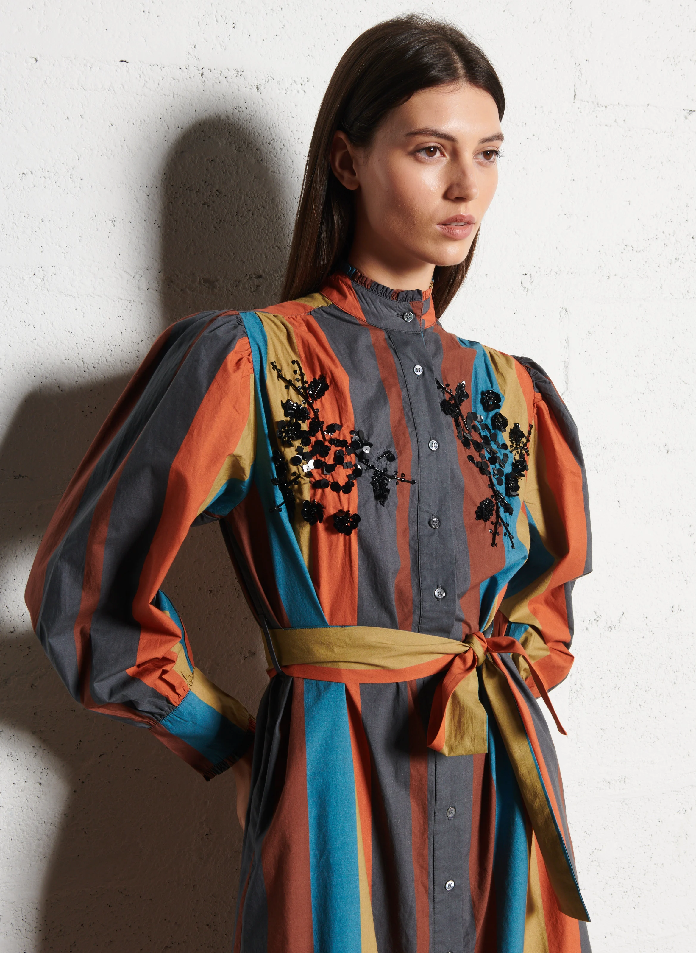 HAPPY - Robe chemise col montant en coton | Orange