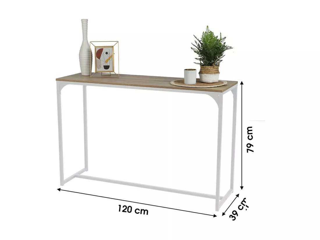 Console style industriel collection PUEBLO. Coloris chêne, structure robuste en métal blanc.