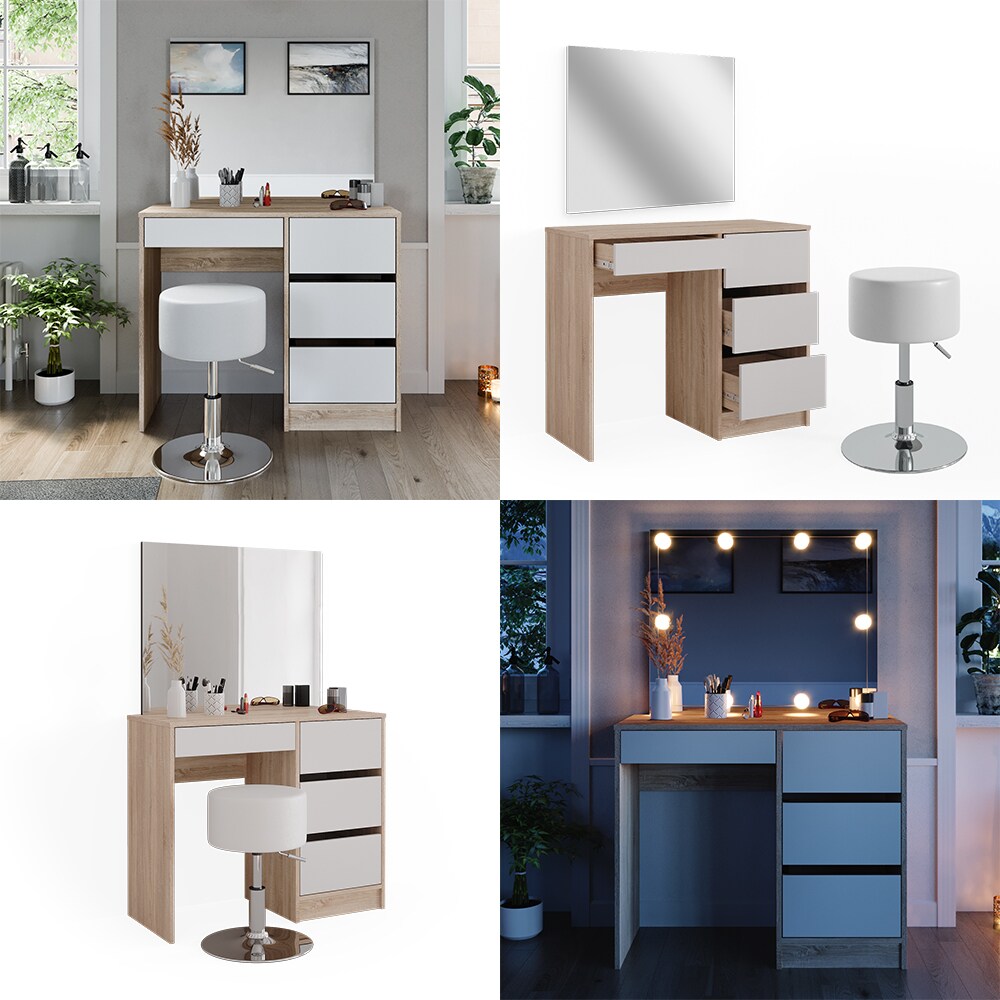 Vicco Schminktisch Sherry Sonoma Weiß, 90 x 75 cm, Spiegel, Hocker, Frisiertisch