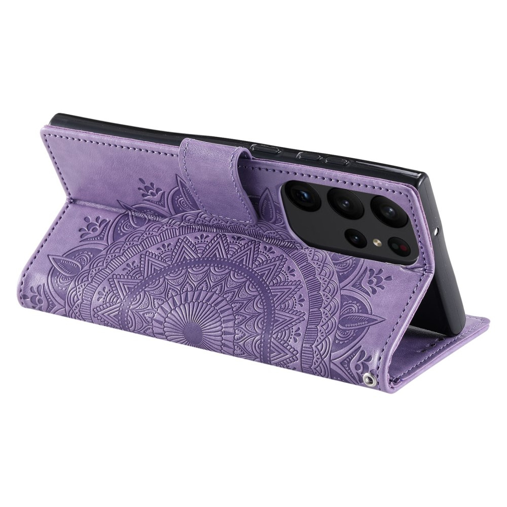 Samsung Galaxy S23 Ultra 5G Leder Tasche Wallet - Mandala Flowers Imprint - Violett