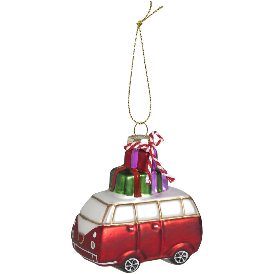Kerst ornament Busje rood/wit glas - 6,8x6x3,5 cm