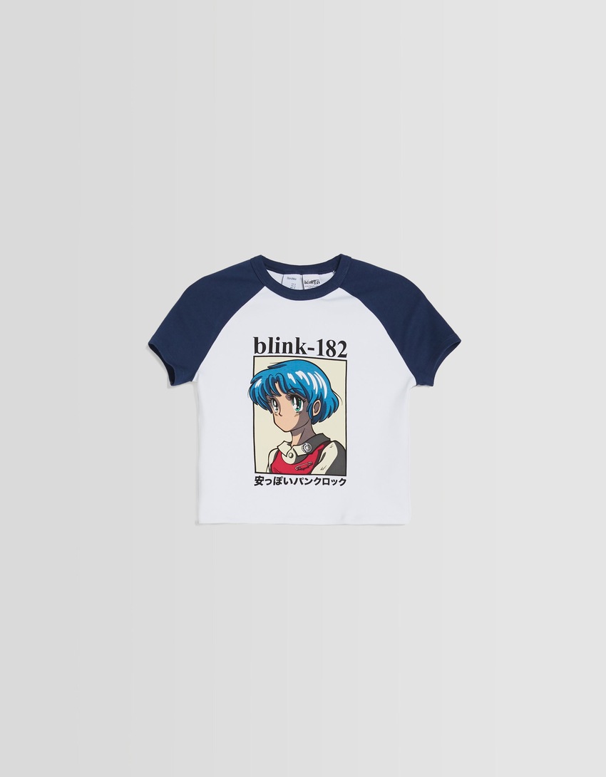Camiseta raglan curta com estampa do Blink-182