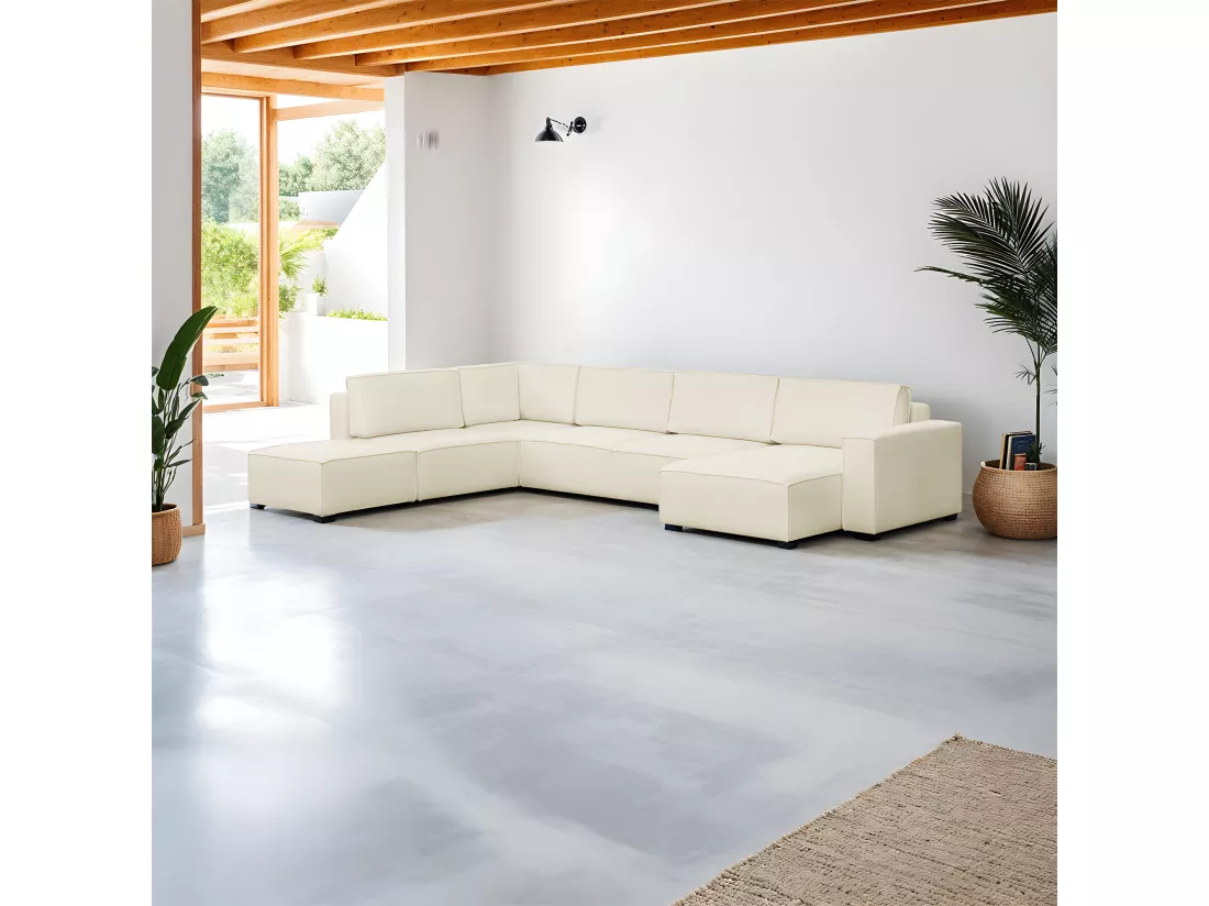 Canapé d'angle à gauche panoramique convertible modulable 8 places avec pouf en tissu bouclé écru - Harper Mod