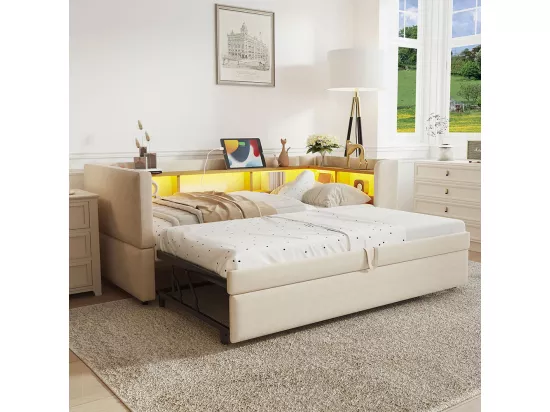 Lit gigogne extensible 90/180×190 équipé de lampes LED de prises de courant et de nombreux compartiments de rangement lit rembourré beige