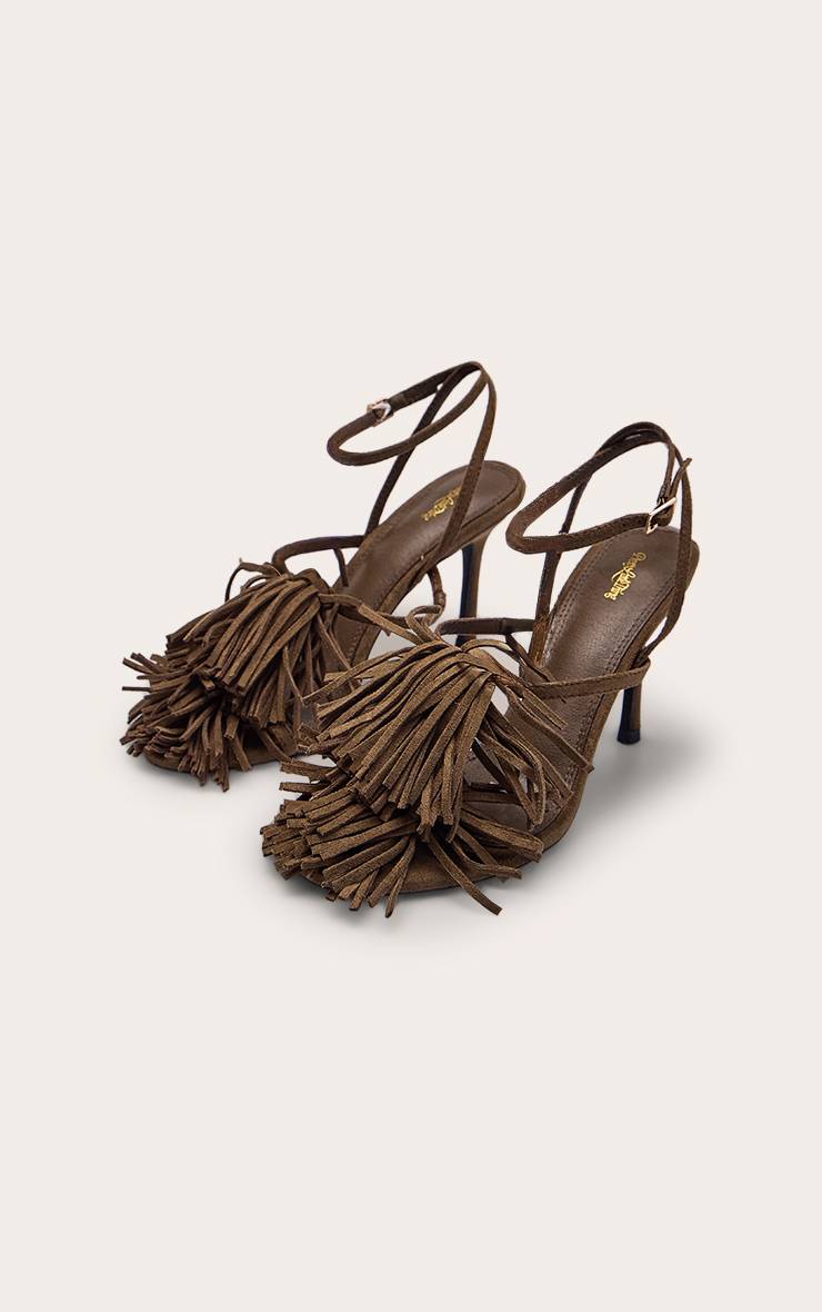 Kaki Sandales À Talons Avec Franges