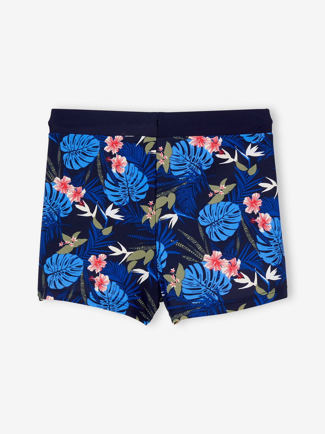 Calção de banho boxer azul marinho com estampa tropical para meninos