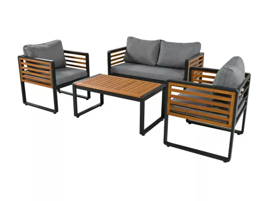 Salon de jardin en Fer 4 personnes - 1 canapé、2 fauteuils et 1 table basse - décoré de Bois d'Acacia - Gris