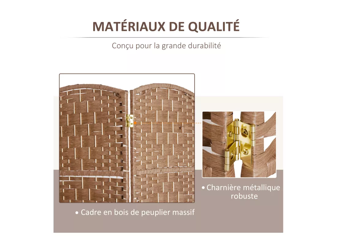 Paravent séparateur de pièce pliable 6 panneaux dim. 270L x 180H cm bois osier tressé