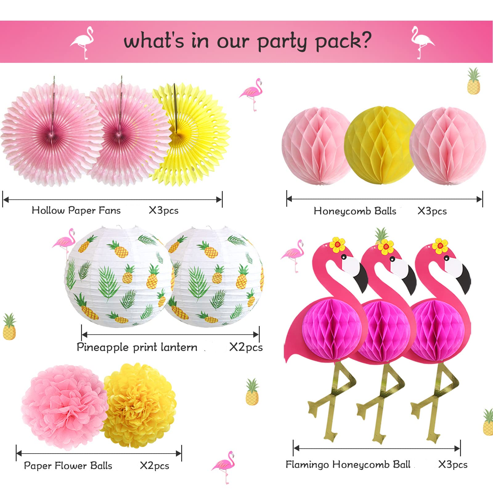 (13-tlg. Set) Flamingo Sommer Party Accessoire Hawaii Lampions Deko Rosetten Pompon's - Rosa / Gelb