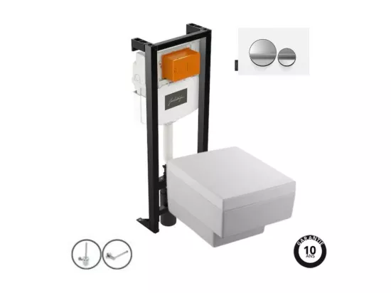 Pack WC suspendu JACOB DELAFON Terrace+ bâti-support + plaque Chrome brillant/Blanc mat + accessoires