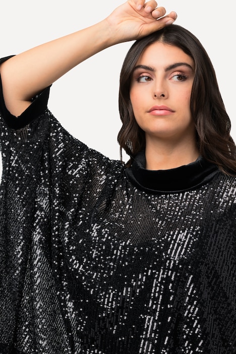 Pailletten-Shirt, Oversized, Samt-Rollkragen, Halbarm