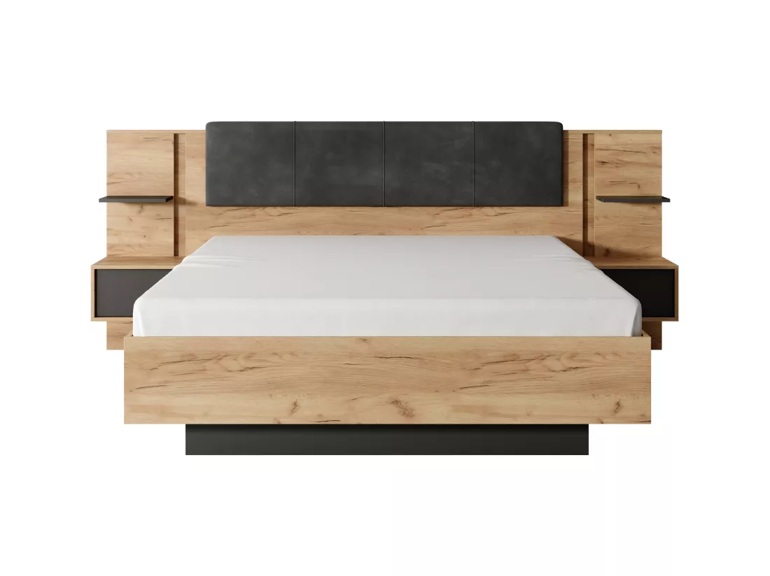 Lit avec chevets 160 x 200 cm - Avec LEDs - Coloris : Naturel et anthracite + Sommier - ELYNIA