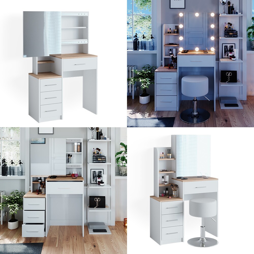 Vicco Schminktisch Frisiertisch Kosmetiktisch Conrada Weiß Sonoma Schminkspiegel 80x132 modern LED Beleuchtung Schlafzimmerkommode Schminkkommode Schublade Spiegelschrank Frisierkommode Make-Up-Tisch