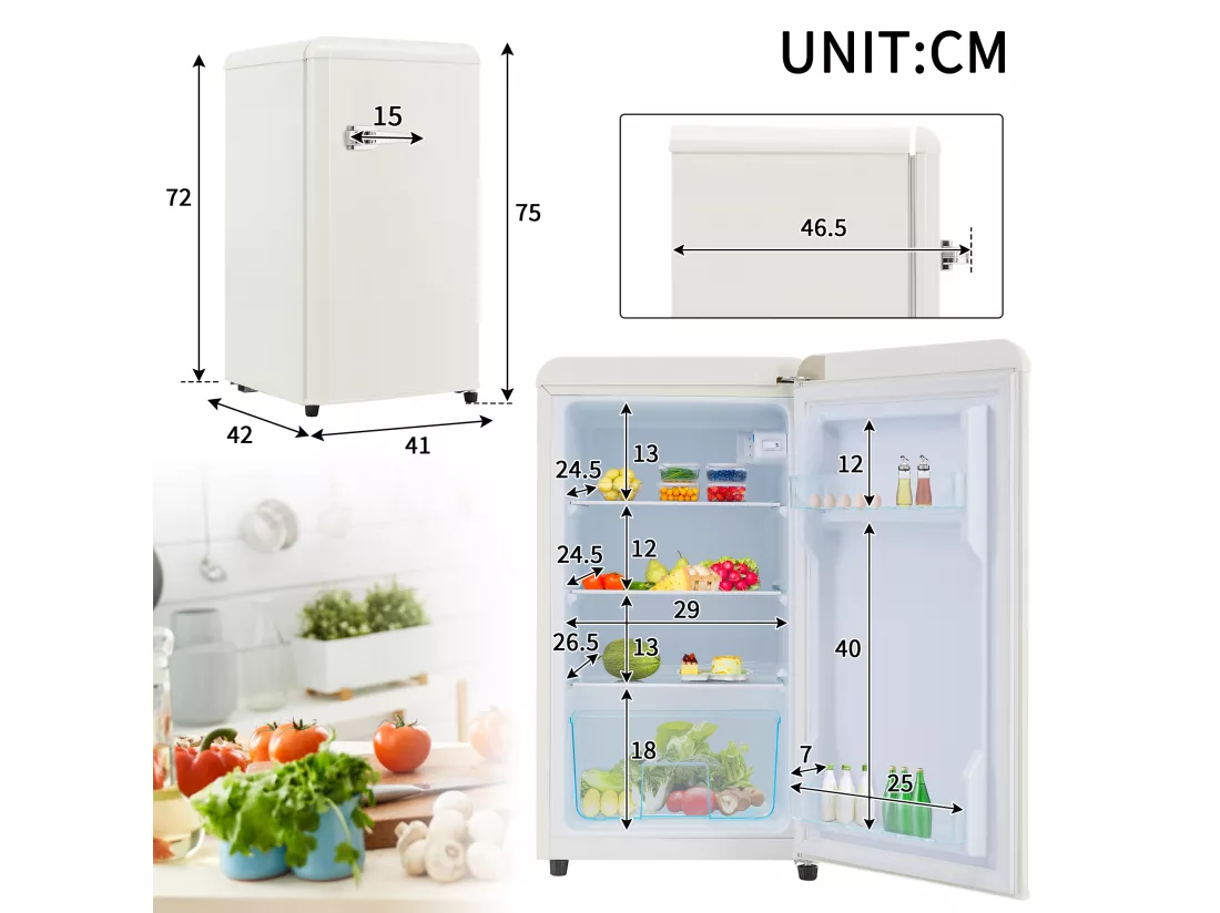 Réfrigérateur,76L, 1 PORTR,éclairage par LED,Pieds réglables,41*42*75 cm,blanc